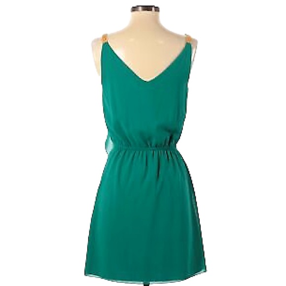 3/$44 Pinky size large green mini dress ruffles on front vneck gold straps silky - Picture 2 of 12